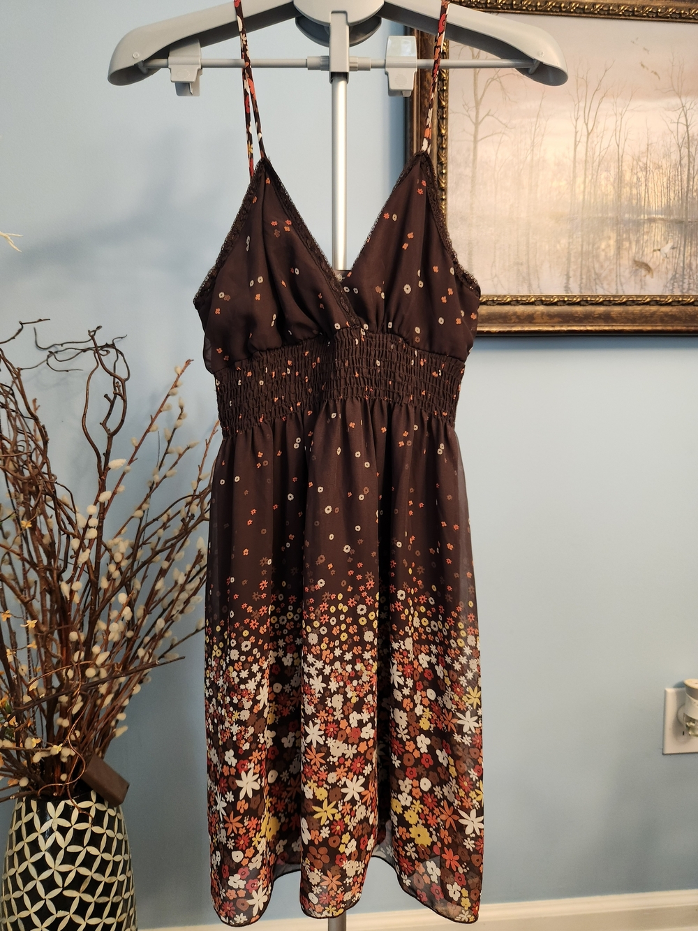 Brown Floral Smocked Waist Mini Dress